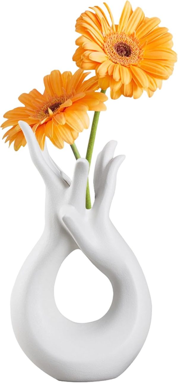 VECELO Minimalist White Ceramic Vase, Modern Hand Shaped Flower Vase for Entryway, Shelf, Mantels, Dining Table
