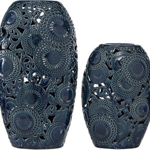 Deco 79 Ceramic Floral Vase with Cut Out Patterns, Set of 2 18", 13"H, Blue