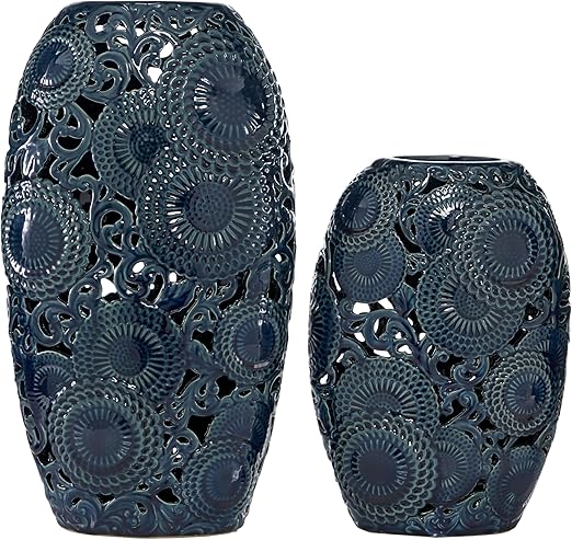 Deco 79 Ceramic Floral Vase with Cut Out Patterns, Set of 2 18", 13"H, Blue