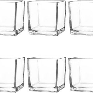 Set of 6 Square Glass Vases 4" x 4" x 4", Clear Flower Vase, Plant Terrarium, Candle Holder for Wedding Centerpiece, Office Decorations, Home Décor, Parties and Events