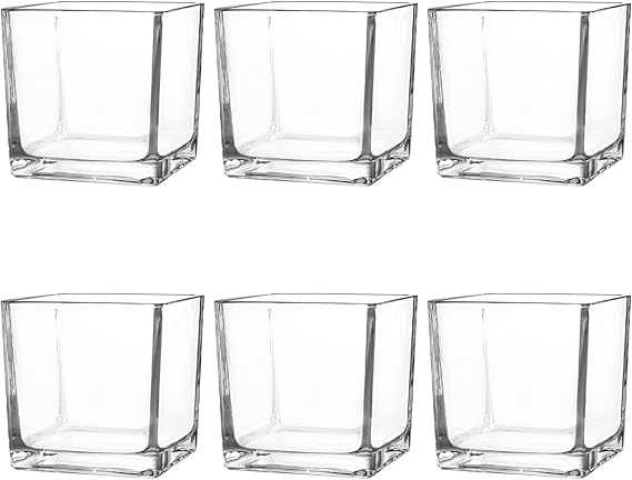 Set of 6 Square Glass Vases 4" x 4" x 4", Clear Flower Vase, Plant Terrarium, Candle Holder for Wedding Centerpiece, Office Decorations, Home Décor, Parties and Events