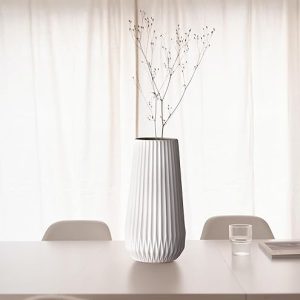 Bloomingville, Matte White Round Stoneware Fluted Vase with Embossed Lines