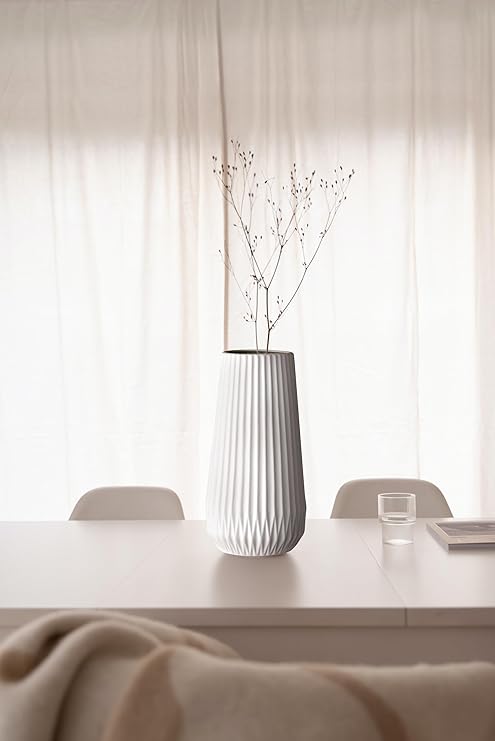 Bloomingville, Matte White Round Stoneware Fluted Vase with Embossed Lines