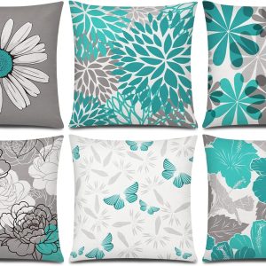 COMMINY Teal Grey Pillow Covers 18x18 Set of 6 Decorative Daisy Flower Throw Pillow Cover for Couch Modern Turquoise Pillow Case for Patio Living Room Cushion Bed Outdoor Farmhouse Home Decor