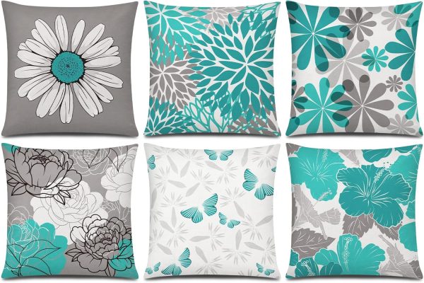COMMINY Teal Grey Pillow Covers 18x18 Set of 6 Decorative Daisy Flower Throw Pillow Cover for Couch Modern Turquoise Pillow Case for Patio Living Room Cushion Bed Outdoor Farmhouse Home Decor