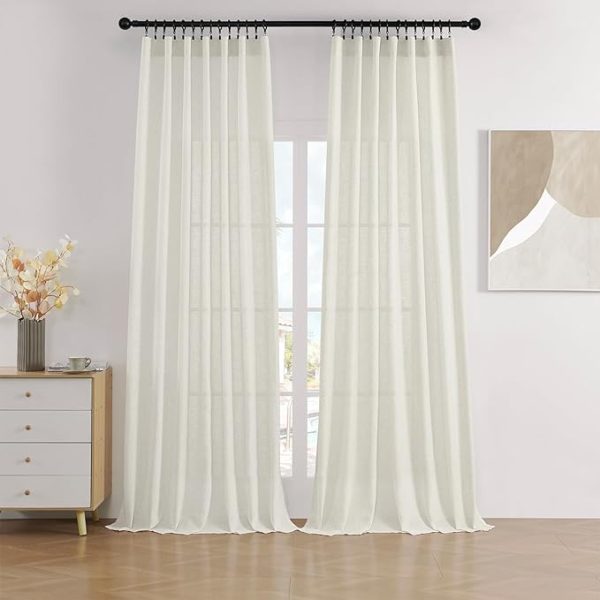 Joydeco Linen Curtains 2 Panel Set,Light Filtering, Ivory on Linen Curtains 96 Inch Curtains for Living Room, Cream Drapes 96 Inches Long Rod Pocket Back Tab Curtains (96" L x 52" W) - Image 2