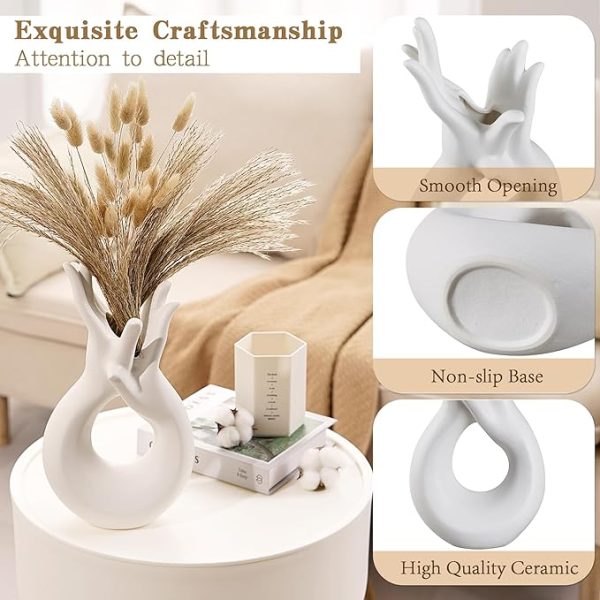 VECELO Minimalist White Ceramic Vase, Modern Hand Shaped Flower Vase for Entryway, Shelf, Mantels, Dining Table - Image 4