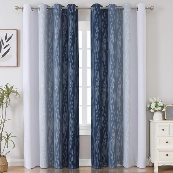Estelar Textiler Navy Blue and Greyish White Blackout Curtains for Bedroom 84 Inches Long, Full Room Darkening Grommet Curtains for Living Room,Thermal Insulated Ombre Drapes,52Wx84L,2 Panels - Image 2