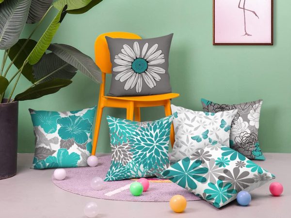 COMMINY Teal Grey Pillow Covers 18x18 Set of 6 Decorative Daisy Flower Throw Pillow Cover for Couch Modern Turquoise Pillow Case for Patio Living Room Cushion Bed Outdoor Farmhouse Home Decor - Image 6