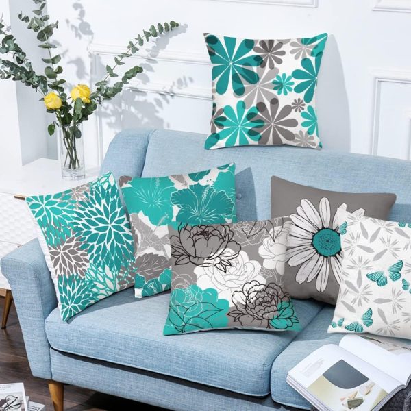 COMMINY Teal Grey Pillow Covers 18x18 Set of 6 Decorative Daisy Flower Throw Pillow Cover for Couch Modern Turquoise Pillow Case for Patio Living Room Cushion Bed Outdoor Farmhouse Home Decor - Image 4