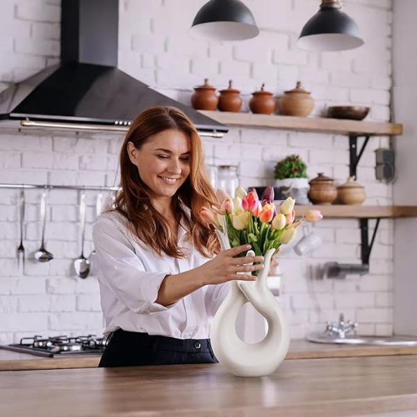 VECELO Minimalist White Ceramic Vase, Modern Hand Shaped Flower Vase for Entryway, Shelf, Mantels, Dining Table - Image 5