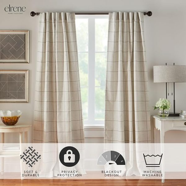 Elrene Home Fashions Brighton Windowpane Plaid Blackout Window Curtain, Living Room and Bedroom Drape with Rod Pocket Tabs, 52" x 84", Linen, 1 Panel - Image 2