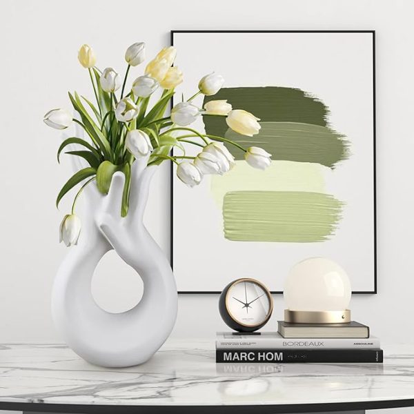 VECELO Minimalist White Ceramic Vase, Modern Hand Shaped Flower Vase for Entryway, Shelf, Mantels, Dining Table - Image 3