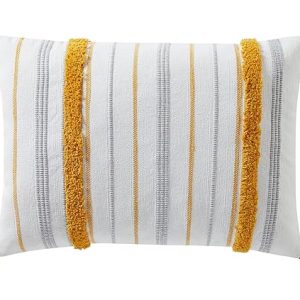 Indigo Ink - Decorative Pillow, Tufted Stripe Pillow with Tassels, Throw Pillows for Couch or Bed, Boho Home Decor, 14" x 20" (Tufted Medallion Collection, Grey/Yellow)