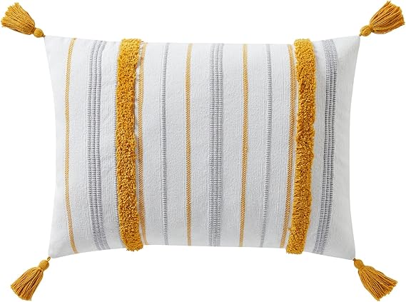 Indigo Ink - Decorative Pillow, Tufted Stripe Pillow with Tassels, Throw Pillows for Couch or Bed, Boho Home Decor, 14" x 20" (Tufted Medallion Collection, Grey/Yellow)