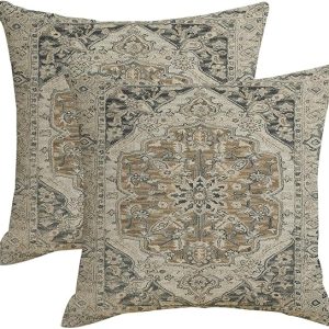 Boho Throw Pillows Cover 18x18 Inch Black Gold and Grey Bohemian Carpet Pattern Pillow Covers Set of 2 Farmhouse Outdoor Pillow Case Retro Linen Decorative Cushion Cover for Couch Bed Sofa Decor