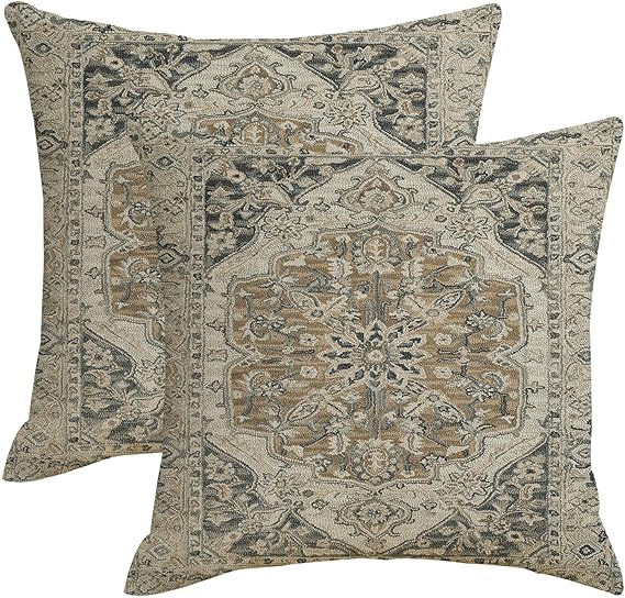 Boho Throw Pillows Cover 18x18 Inch Black Gold and Grey Bohemian Carpet Pattern Pillow Covers Set of 2 Farmhouse Outdoor Pillow Case Retro Linen Decorative Cushion Cover for Couch Bed Sofa Decor