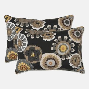 Pillow Perfect Floral Indoor/Outdoor Accent Throw Pillow, Plush Fill, Weather, and Fade Resistant, Large Lumbar - 16.5" x 24.5", Black/Yellow Crosby, 2 Count